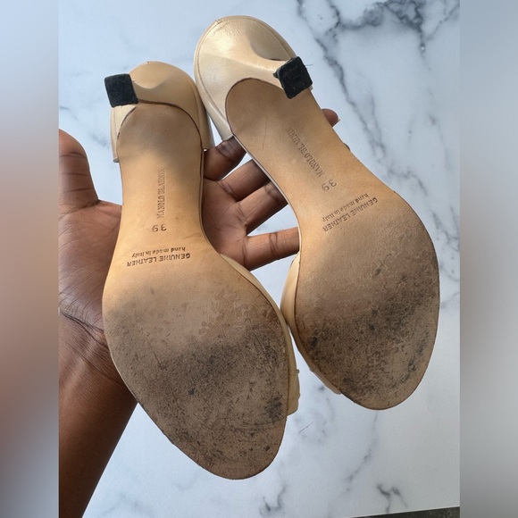 Manolo Blahnik Tan Leather D’orsay Heels Open Toe Floral Insoles Size 39 - Picture 5 of 7